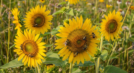 Obraz premium Bees gathering nectar on bright yellow sunflowers in a summer field.