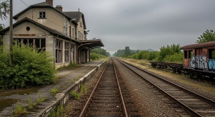 Fototapeta premium Abandoned Train Station and Overgrown Railway Tracks with Rusty Graffiti Train Car on a Gloomy Overcast Day, Evoking Decay and Forgotten Journeys