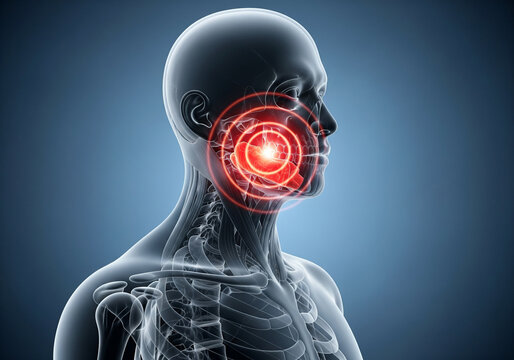 X-ray medical anatomy illustration highlighting strong pain in the right jaw and lower facial region of the skull skeleton