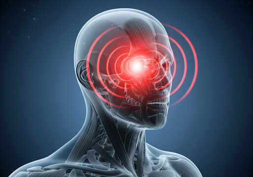 X-ray anatomical image showing highlighted pain around the eye socket and upper skull region with radiating red glow