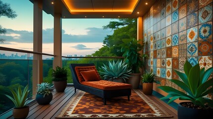 A cozy balcony lounge with orange accents, patterned wall tiles, potted plants, and a scenic green view under warm ceiling lights.