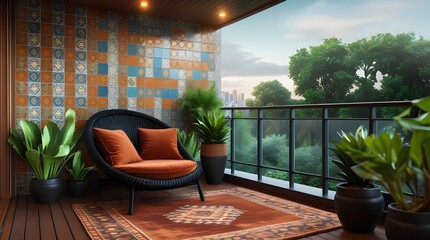 A cozy balcony lounge with orange accents, patterned wall tiles, potted plants, and a scenic green view under warm ceiling lights.