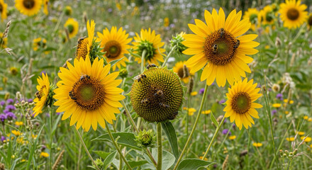 Obraz premium Bees collecting nectar on blooming sunflowers in a summer meadow.