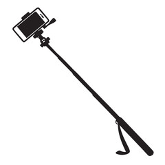 A sleek black and white illustration of a smartphone attached to a selfie stick, isolated on white background, perfect for social media, travel, or technologythemed designs and projects