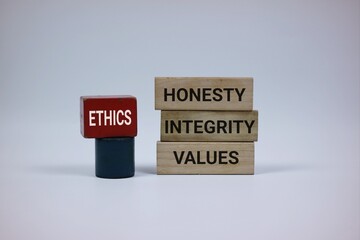 Stacked wooden blocks spell out ethics, honesty, integrity, and values, illustrating core personal and professional principles. isolated on white background
