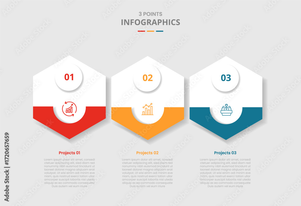Poster 3 points template infographic with hexagon shape on horizontal direction with drop shadow style with