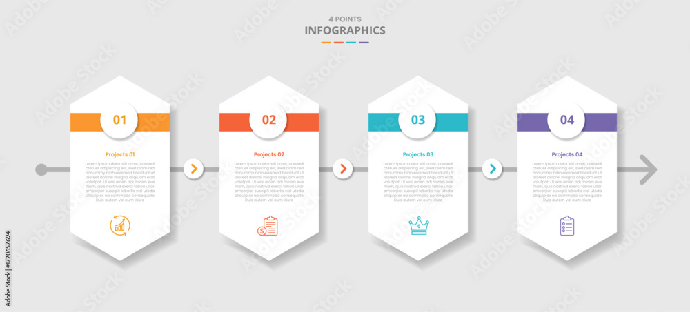 Poster 4 points template infographic with tall hexagon on horizontal layout with drop shadow style with fou