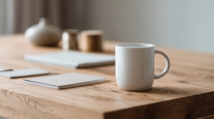 Minimalist Workspace with White Ceramic Mug and Notebooks on Wooden Desk