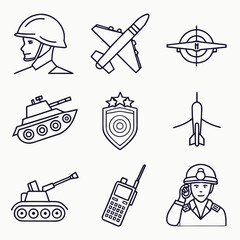 &ldquo;Minimal outline military icons &mdash; soldier helmet, tank, fighter jet, warship, shield, medal, target, radar, walkie talkie, binoculars &mdash; thin stroke vector.&rdquo;