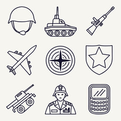 &ldquo;Minimal outline military icons &mdash; soldier helmet, tank, fighter jet, warship, shield, medal, target, radar, walkie talkie, binoculars &mdash; thin stroke vector.&rdquo;