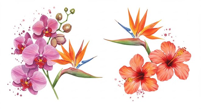 Fiori tropicali dipinti acquarello luce soffusa eleganza botanica. AI Generated