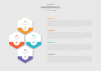 4 points template infographic with hexagon vertical structure with stacked list information with drop shadow style with four stage list information