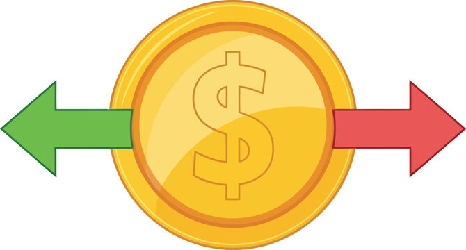 Golden dollar coin with red and green arrows symbolizing financial transaction and exchange vector