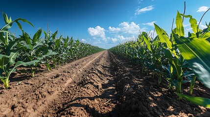 Low-Angle View of Cornfield with Scattered Clouds Under Bright Blue Sky, Dirt Path Leading to Horizon
