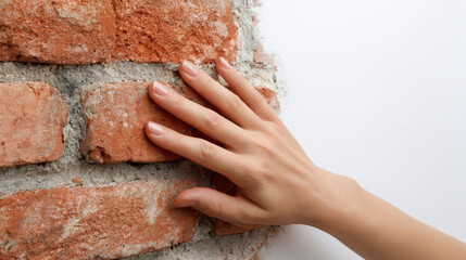 woman gently caresses rough texture of old brick wall deeply lost in her childhood memories