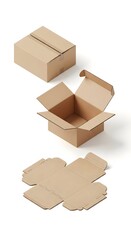 Cardboard box packaging and unfolded template isolated on white background for shipping and delivery concept