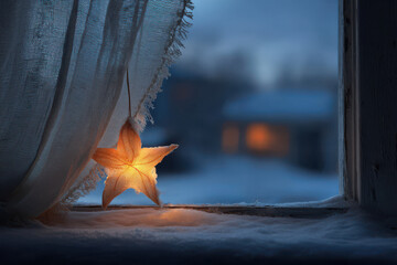 solitary star shines through frosty window casting soft glow in winter landscape