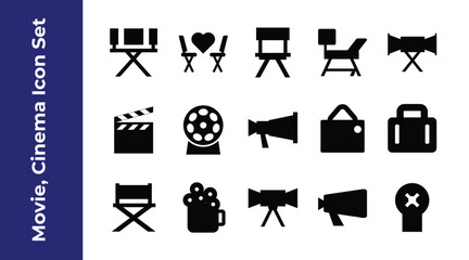 Movie, Cinema, Film Production and Entertainment Icon Set Vector Illustration
