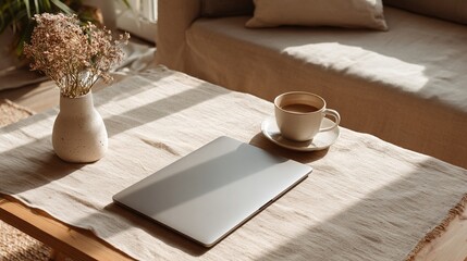 Cozy Home Workspace with Laptop, Coffee Cup, and Vase of Dried Flowers