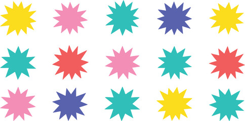Fifteen colorful starburst shapes arranged in three rows on a white background explosion