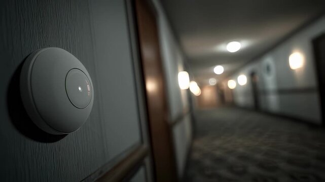 Detailed view of a motion sensor device in clear focus on a dimly lit corridor illustrating advanced detection capabilities within a security upgrade.