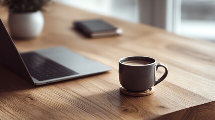 Minimalist Desk with Coffee Mug and Laptop on Wooden Surface