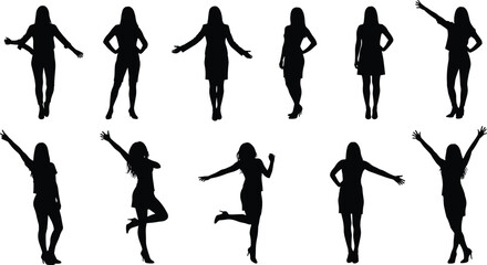 Women silhouette set, female standing poses, elegant body shape illustration, stylish fashion outline vector, girl figure design, black silhouettes collection
