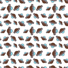 Fototapeta premium Pattern with doodle style of cartoon-style brown flying saucer with a grey rim adorned with purple circles and a light blue dome on top