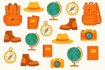 Travel Backpack Hiking Boots Hat Globe Camera Notebook Pouch in Bright Orange and Yellow