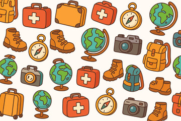 Colorful Travel and Adventure Pattern with Globes Shoes Backpacks Cameras First Aid Kits and Clocks