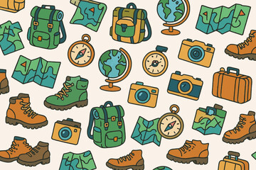 
Colorful Travel and Adventure Pattern with Globes Shoes Backpacks Cameras First Aid Kits and Clocks
