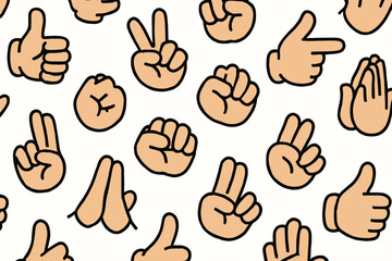 Cartoon Hand Gestures Pattern with Thumbs Up Peace Sign Clapping and Praying Illustration