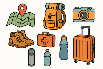 Travel Hiking Backpack Shoes Hat Globe Camera Medical Kit Notebook Pen Stopwatch Luggage