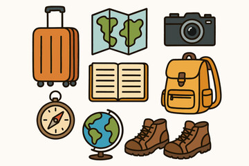 Travel Equipment Set Including Backpack Hat Notebook Camera Shoes Globe Luggage and Pen