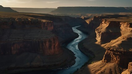 Expansive vista of a winding river snaking through towering, rugged canyon walls, highlighting the immense scale and geological beauty of a desert landscape at dusk