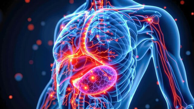 Human body circulatory system blood vessel artery vein organ chest medical anatomy health science glowing digital blue red internal biology digestive