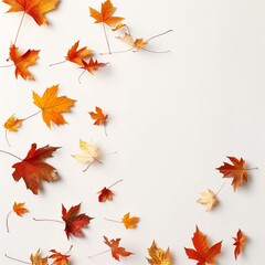 Fototapeta premium Minimalist autumn background with scattered maple leaves on white backdrop, clean mockup space.