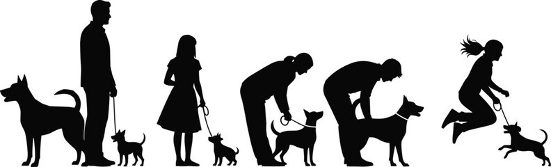 Dog owner silhouette vector collection, people with their pets walking, playing, and jumping, illustrating various interactions.
