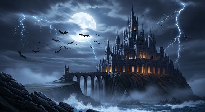 A magnificent gothic castle stands imposingly on a rocky island, illuminated by inner lights, against a dramatic stormy night sky full of lightning and bats.