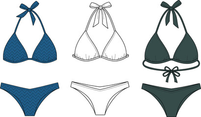 Fashion flat technical sketch of a bikini swimsuit with a halter neck top and tie-side bottoms, vector illustration, CAD drawing.