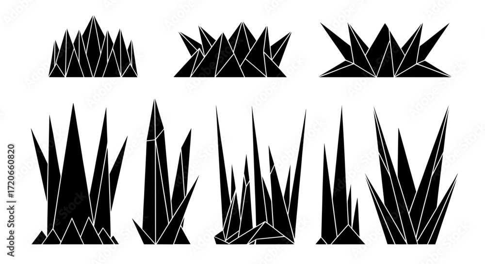 Poster a set of abstract geometric grass and crystal silhouettes. this isolated vector collection features 