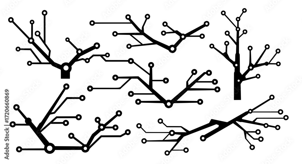 Poster collection of black circuit board patterns shaped like trees and branches. a symbol of technology, d
