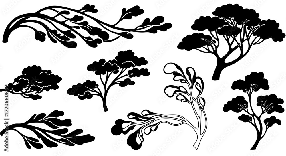 Poster a collection of stylized tree and branch shapes. this vector set includes various black and white na