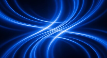 A dynamic, swirling composition of vibrant blue light trails against a deep black background creates a captivating visual effect.
