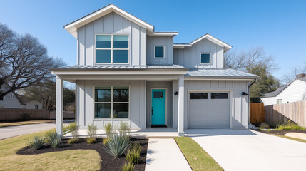 Modern gray cottage home exterior with teal door