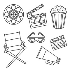 &ldquo;Flat outline cinema icons &mdash; film reel, clapperboard, director&rsquo;s chair, popcorn, 3D glasses, camera, spotlight, ticket, red carpet, projector &mdash; thin stroke vector.&rdquo;