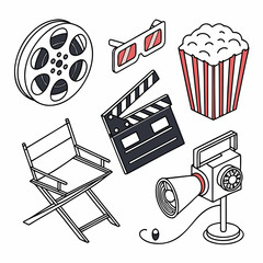 &ldquo;Flat outline cinema icons &mdash; film reel, clapperboard, director&rsquo;s chair, popcorn, 3D glasses, camera, spotlight, ticket, red carpet, projector &mdash; thin stroke vector.&rdquo;