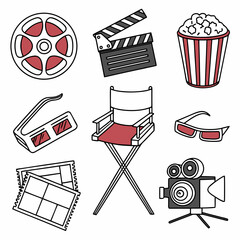 &ldquo;Flat outline cinema icons &mdash; film reel, clapperboard, director&rsquo;s chair, popcorn, 3D glasses, camera, spotlight, ticket, red carpet, projector &mdash; thin stroke vector.&rdquo;