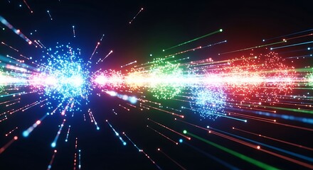 Obraz premium Abstract explosion of colorful light particles and streaks in dark space, representing energy and motion