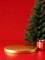 A golden podium on red background with a Christmas tree and a gift box, creating a festive holiday display.